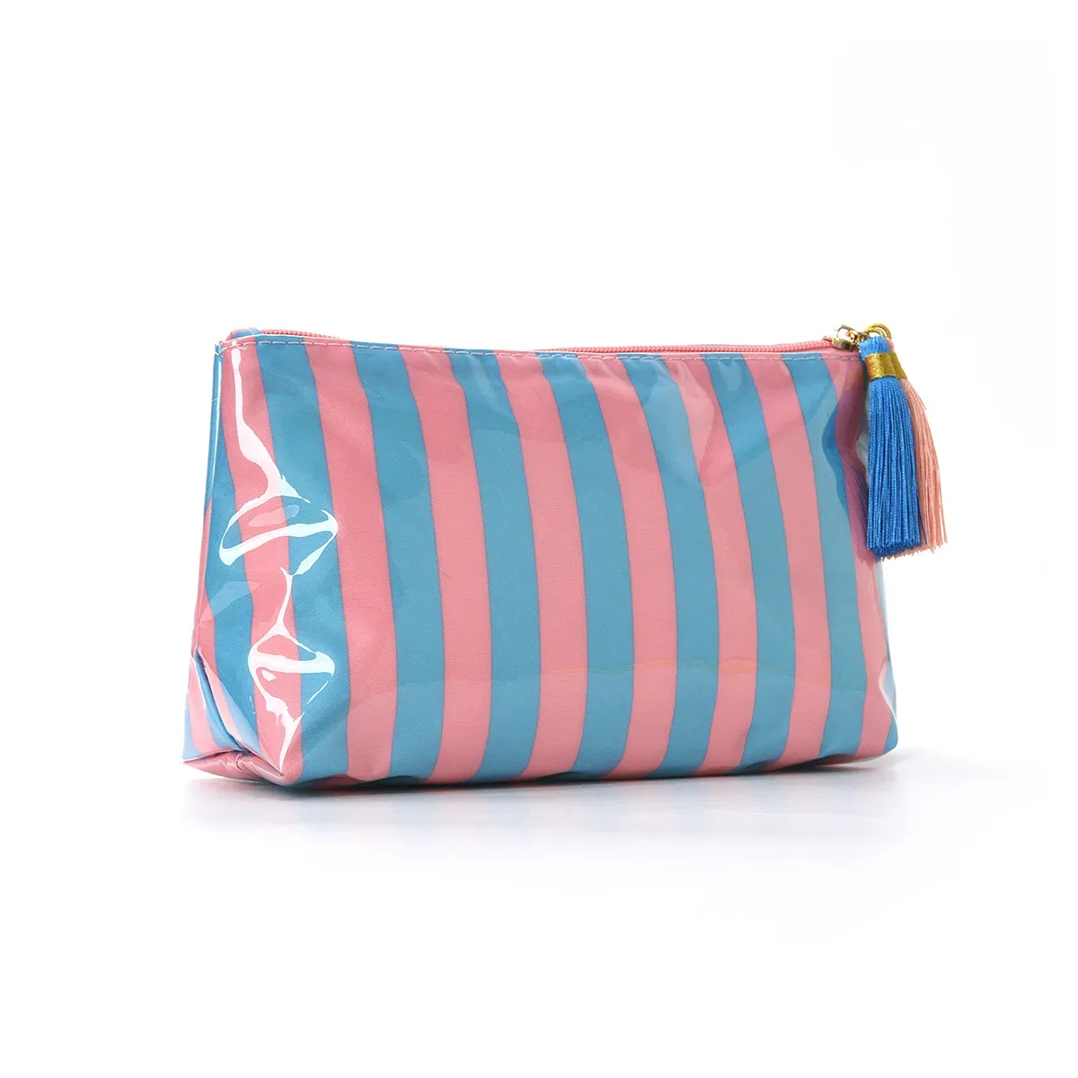 trousse de maquillage classique rayée avec fermeture éclair à franges, sac de voyage pour articles de toilette et soins de la peau, étui à pinceaux en pvc, organisation de voyage
