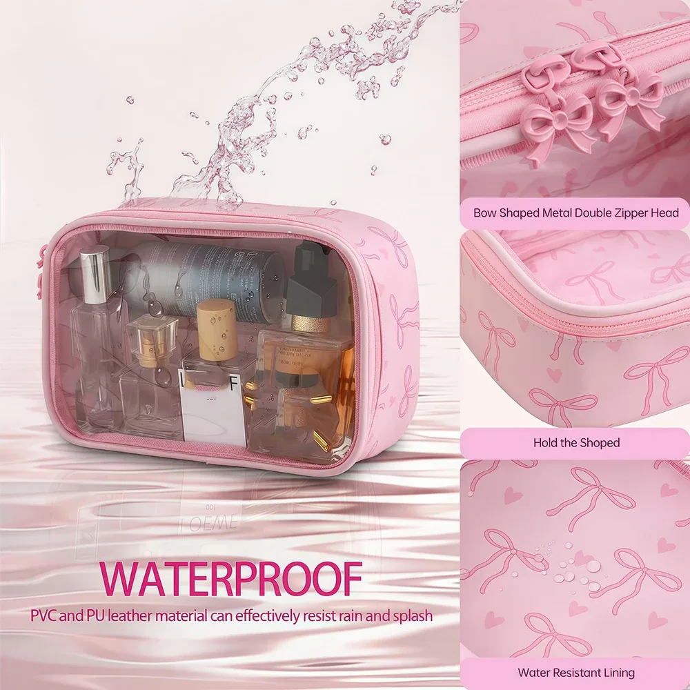 pochette de toilette transparente en pvc avec imprimé nœud, grande capacité, étanche, portable, pour voyage, organiseur de maquillage mignon pour femmes