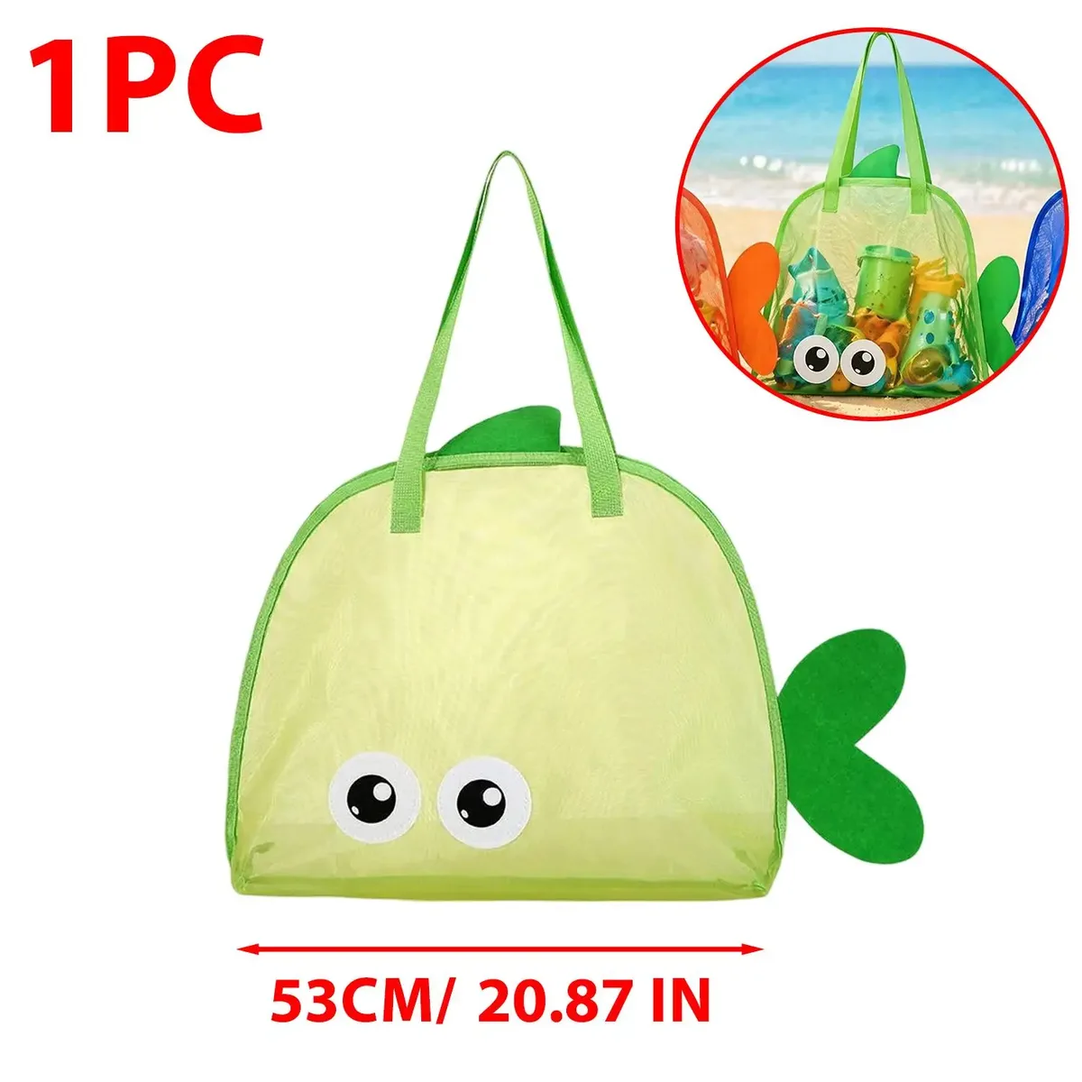 sac de plage en filet, forme de poisson mignon, grande capacité, séchage rapide, sac fourre-tout en filet pour la piscine, la collecte de coquillages, pliable et léger