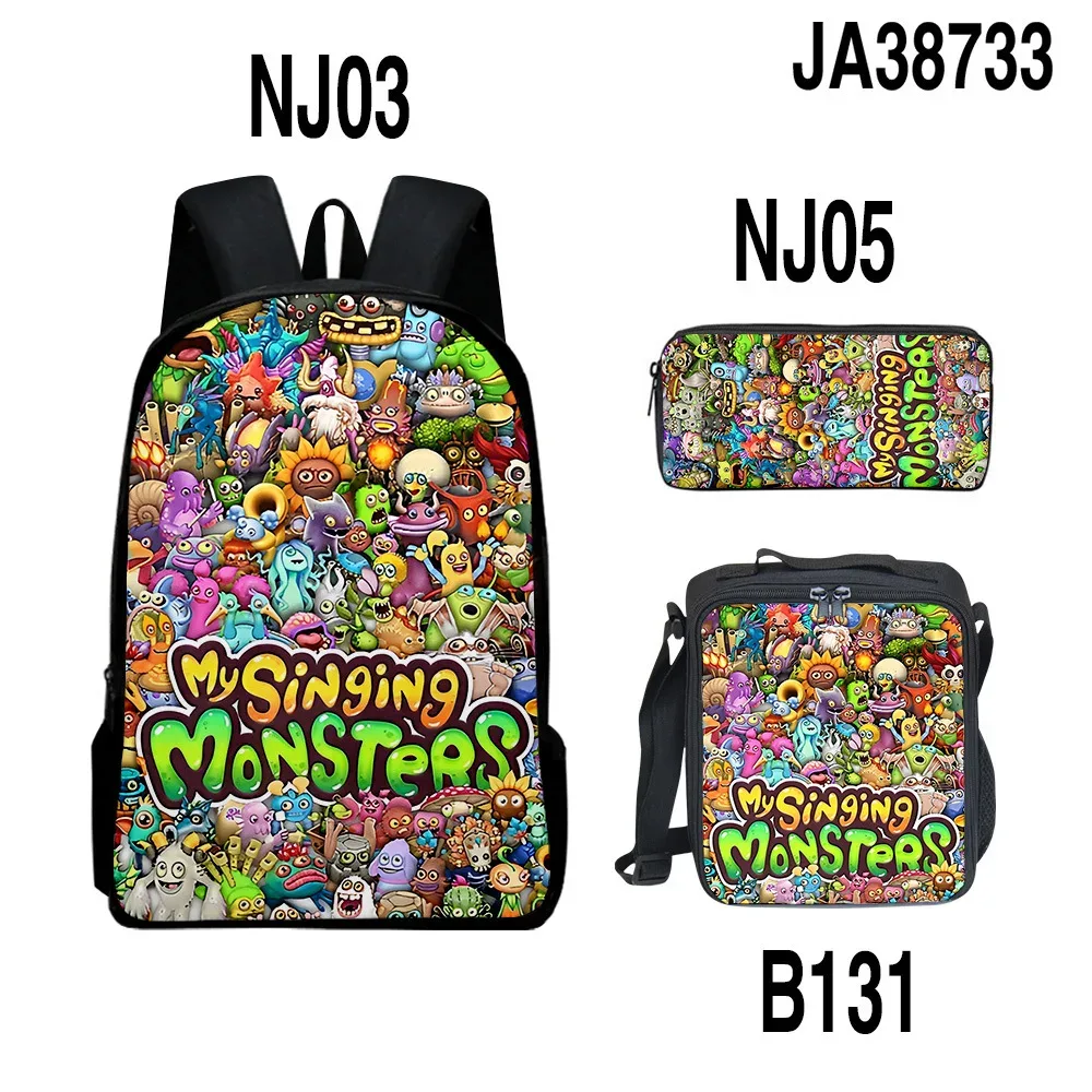 sacs à dos pour enfants, ensemble de sacs à dos, sac à déjeuner pour enfants, sac à crayons, ensemble de 3 pièces, nouveau sac de concert 3d my singing monsters