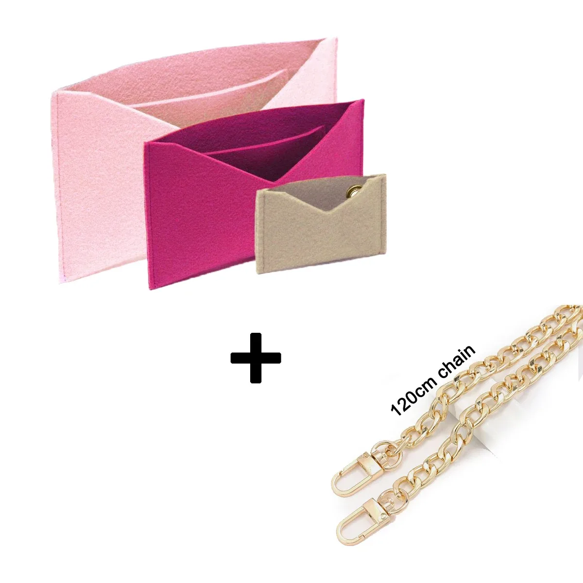 organisateur en feutre pour sac à main, insert kirigami de 3 pièces avec chaîne dorée, sac bandoulière, pochette kirigami, insert organisateur pour sac à enveloppe.
