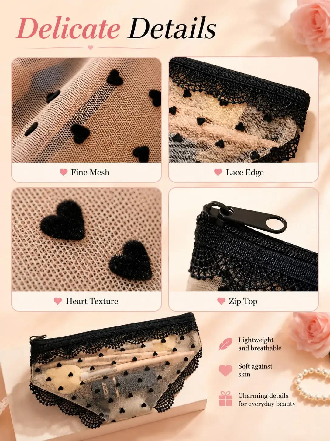 pochette de maquillage transparente et sexy en dentelle, pochette de maquillage portable pour voyage, adaptée pour l'eyeliner, les pinceaux de maquillage, le rouge à lèvres, les produits de soin de la peau, les écouteurs, les palettes de fards à paupières, etc., idéale pour les voyages quotidiens, un joli rangement pour la papeterie et un sac de toilette.