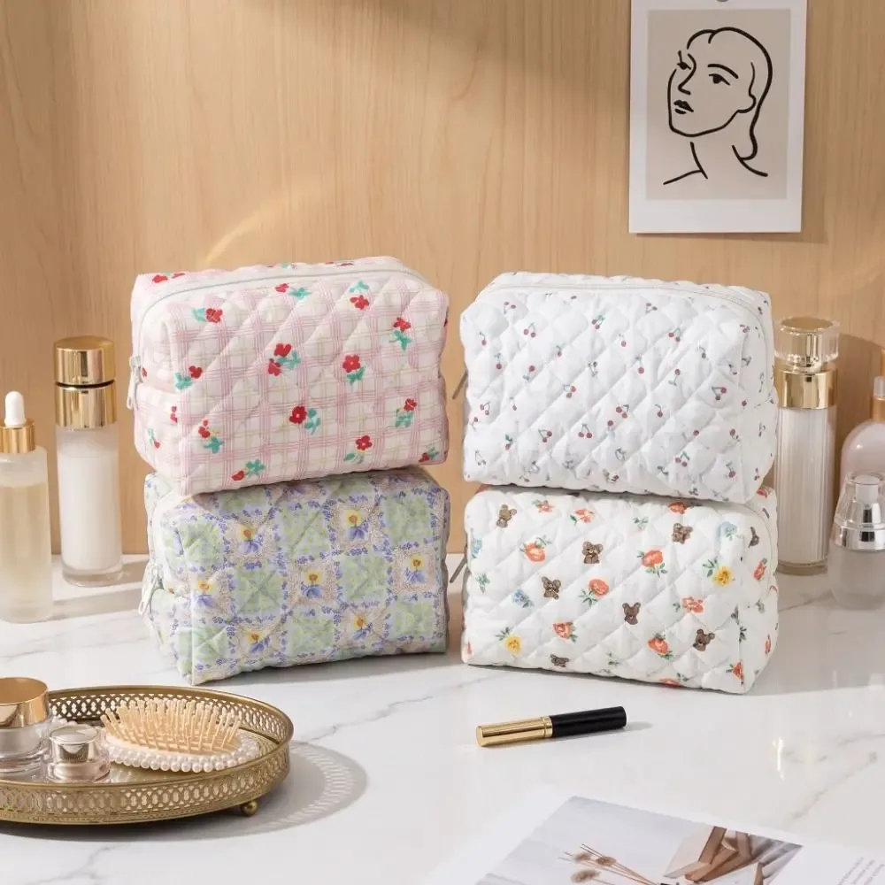 jolie trousse de maquillage matelassée, grande capacité, imprimé floral, trousse de toilette portable, élégant organisateur de cosmétiques pour femmes