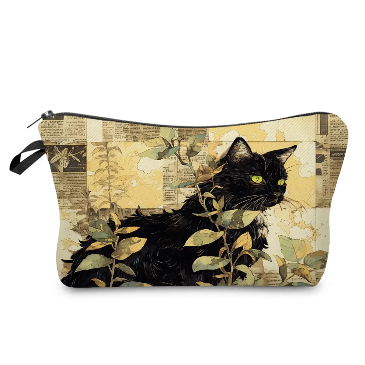 sacs de maquillage college chat noir pour femmes, sacs de rangement portables de voyage, impression d'animaux kawaii décontractés, sacs à cosmétiques double face avec fermeture éclair