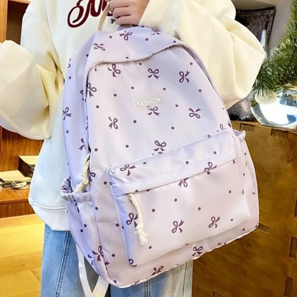 Sac à dos scolaire en nylon mignon pour étudiantes, grande capacité, imprimé nœud, sac à dos pour femmes