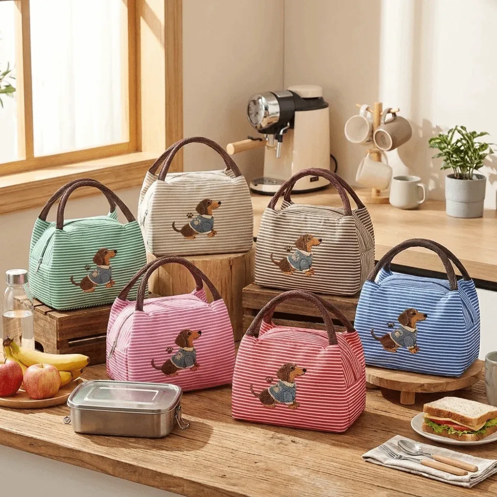 sac isotherme à déjeuner exquis avec broderie de chiot, sac fourre-tout isolé à rayures, sac portable pour aliments, idéal pour l'école