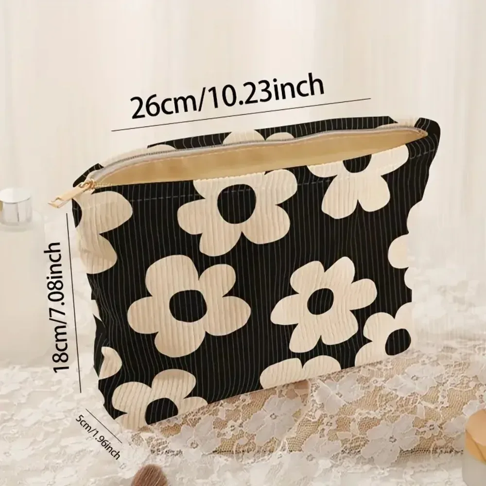 pochette de maquillage en velours noir avec impression sérigraphique de chrysanthèmes, élégante et vintage, organiseur de cosmétiques portable pour femme, pochette à main