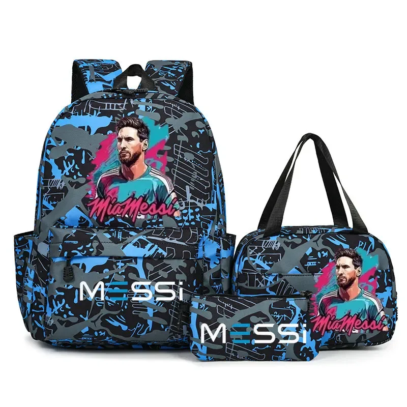 Sacs à dos de voyage et d'extérieur imprimés Football Messi pour femmes et filles, avec sacs à lunch, légers, pour adolescents, pour ordinateur portable, Mochila
