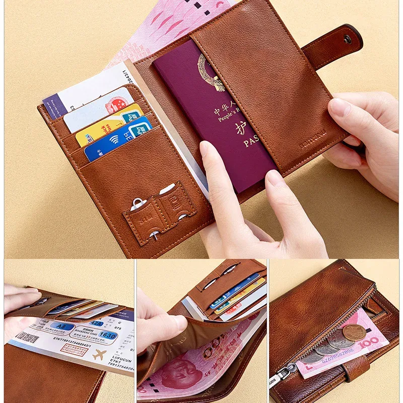 porte-passeport en cuir de vache véritable de première qualité pour hommes, portefeuille en cuir ultra-fin multifonction, organisateur portable de billets et de cartes de voyage
