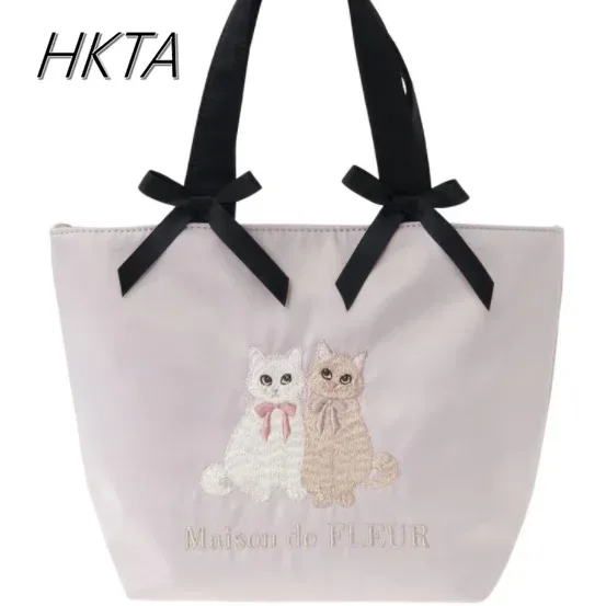 sac à main double chat brodé pour femme, sac fourre-tout rose doux, satin, double nœud, initié, mignon, japonais, printemps, nouveau, 2025