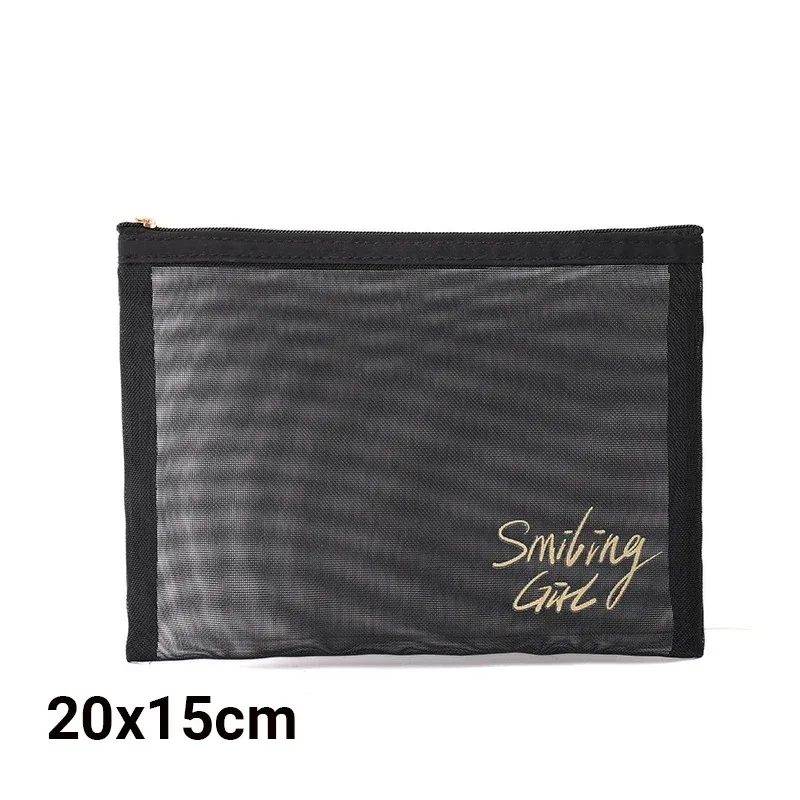 trousse de maquillage en maille noire de grande capacité pour femme, trousse de toilette décontractée à fermeture éclair, sac à cosmétiques de voyage
