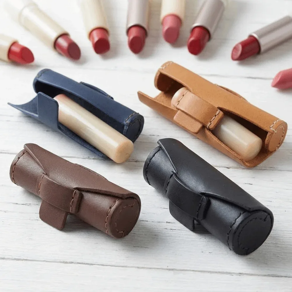 boîte à rouge à lèvres ronde en cuir exquis, sac de rangement multifonctionnel scellé, design cylindrique 3d, étui à rouge à lèvres en cuir