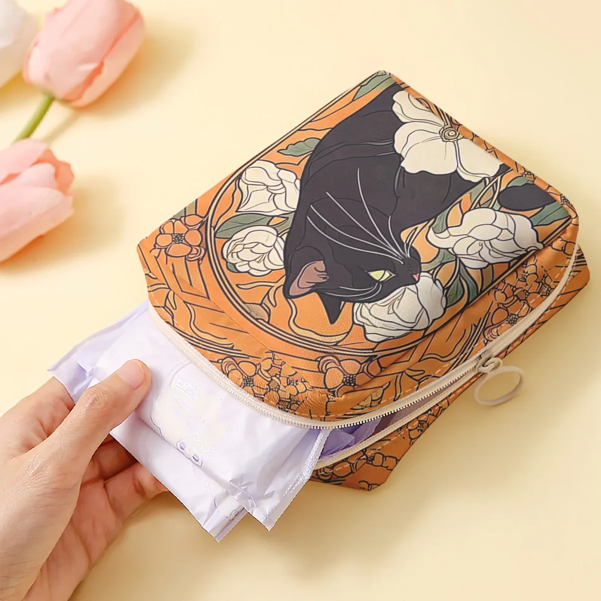 1 sac de rangement pour serviettes hygiéniques imprimé motif chat, sac léger pour mouchoirs pour femmes, sac pour mouchoirs hygiéniques