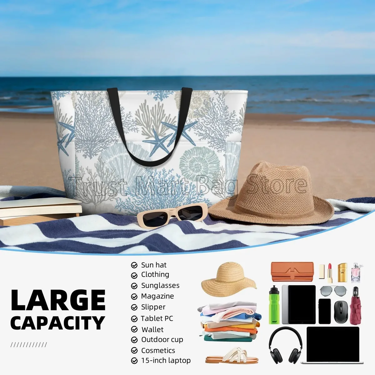 grand sac de plage étanche pour femme, lieu d'été sur le thème de l'océan, étoiles de mer, piscine anti-sable, sac fourre-tout pour voyage, vacances, natation