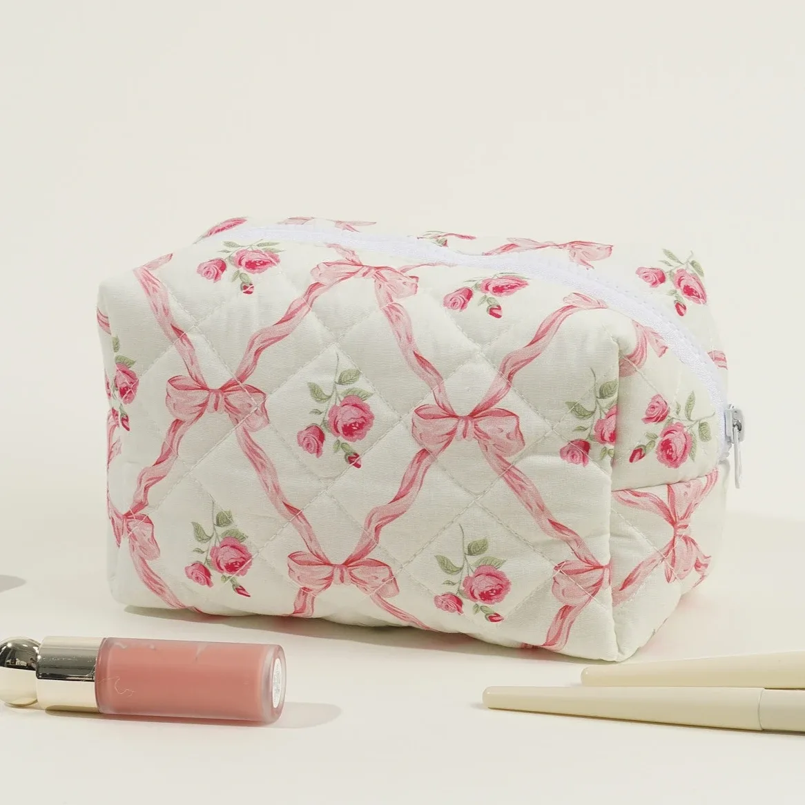 trousse de maquillage en coton avec nœud floral, sac de rangement, imprimé de fleurs, poudres cosmétiques, grande trousse cosmétique de voyage