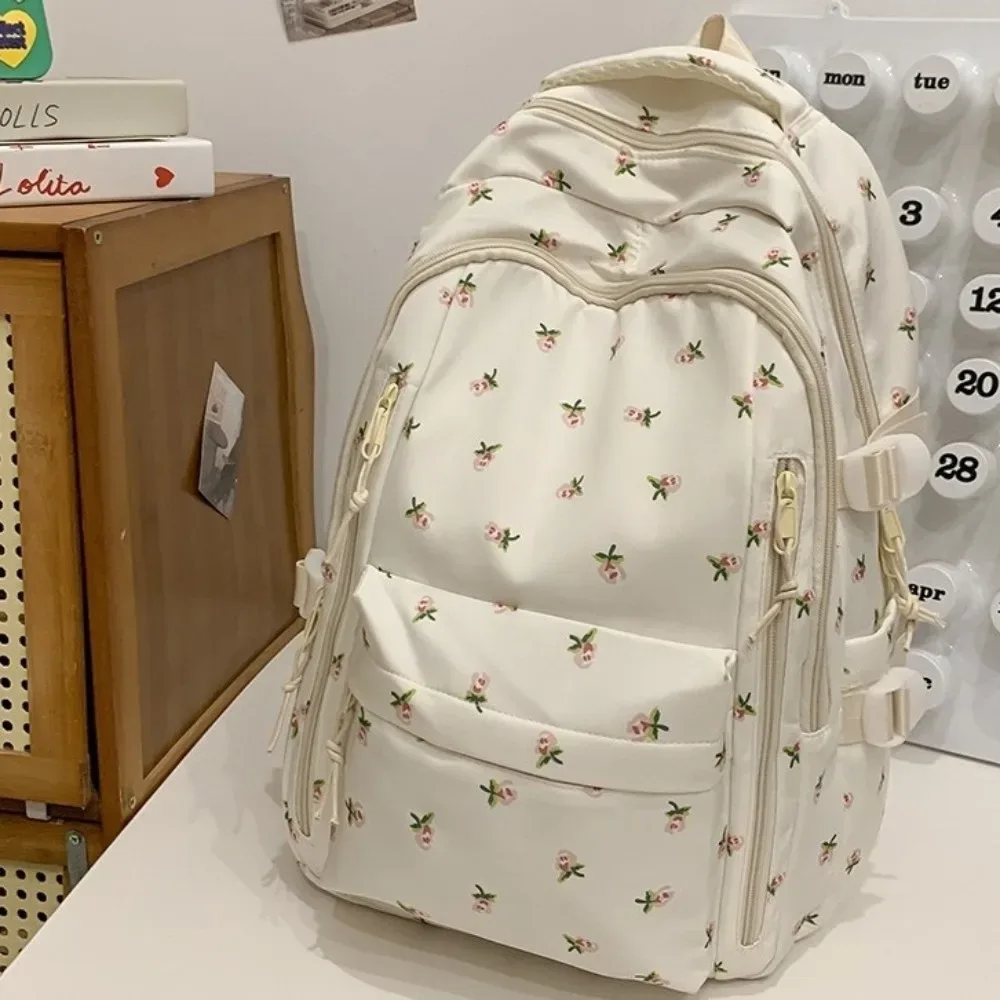 sac à dos grande capacité à imprimé floral, multi-poches, motif nœud épaissi, léger et durable, pour l'école primaire