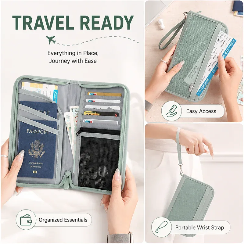 portefeuille de voyage rfid, organiseur de passeport, porte-documents, porte-cartes, pochette de rangement pour billets et argent avec dragonne pour le voyage