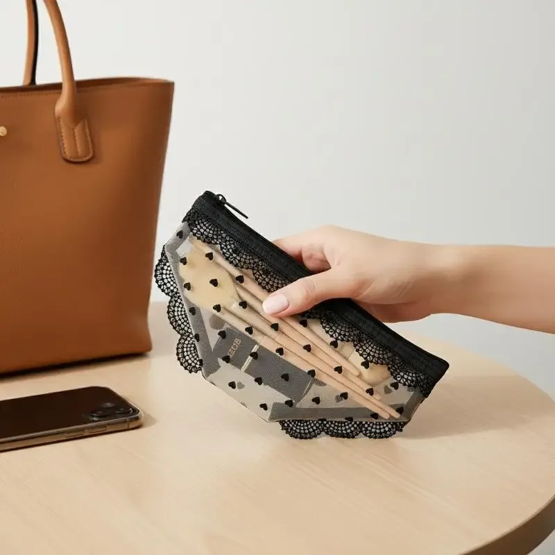 sac de rangement portable à fermeture éclair pour maquillage, inspiré des culottes en dentelle, pour une organisation facile des cosmétiques