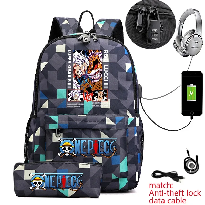 sac à dos d'étudiant imprimé one piece luffy, sac d'école décontracté antivol avec trousse à crayons pour garçons et filles