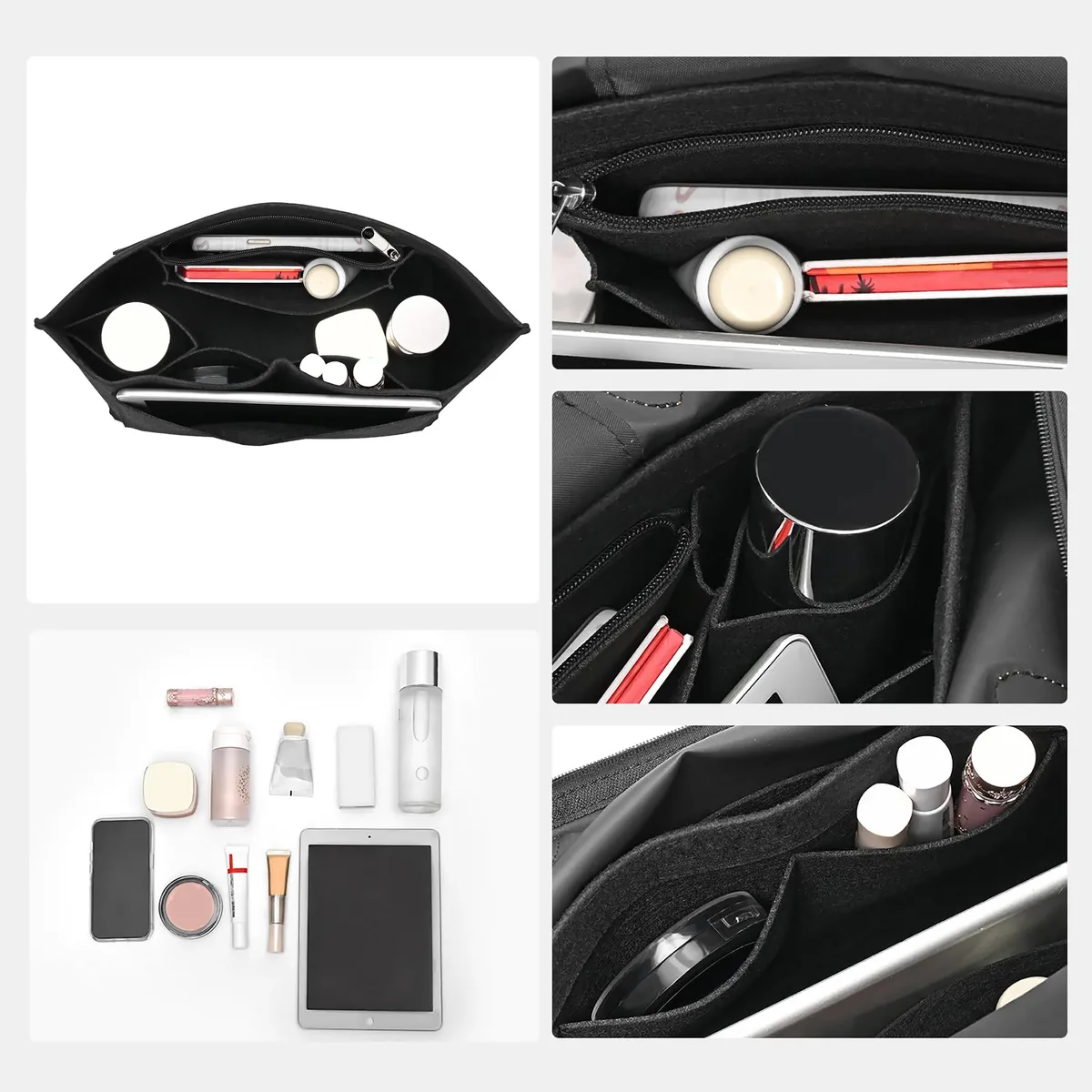 organisateur de sac fourre-tout en feutre avec fermeture éclair, insert multi-poches pour sac à main longchamp, rangement de maquillage, doublure de voyage