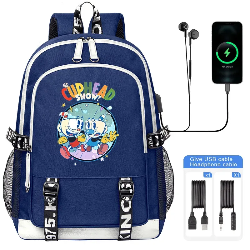 cuphead mugman sacs d'école pour adolescent usb charge sac à dos pour ordinateur portable garçons filles étudiant livre sac mochila sac de voyage