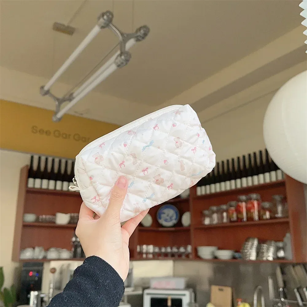petit sac à cosmétiques pour femme, trousse de maquillage, sacs de rangement portables, pochette en coton pour femme, joli ours de dessin animé, fleur rose