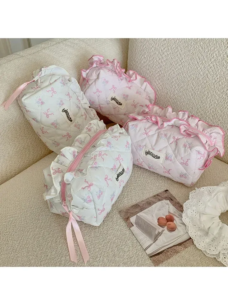 sacs à cosmétiques coréens avec nœud papillon et dentelle pour femmes, sac de maquillage doux à main, sacs de rangement d'articles de maquillage de voyage pour filles, mode