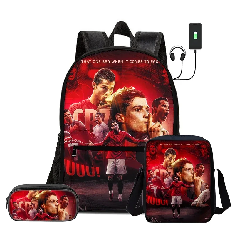 ensemble de 3 sacs à dos avec sac à bandoulière, trousse scolaire pour enfant, sac à dos ronaldo avec interface usb, sac à dos pour enfants