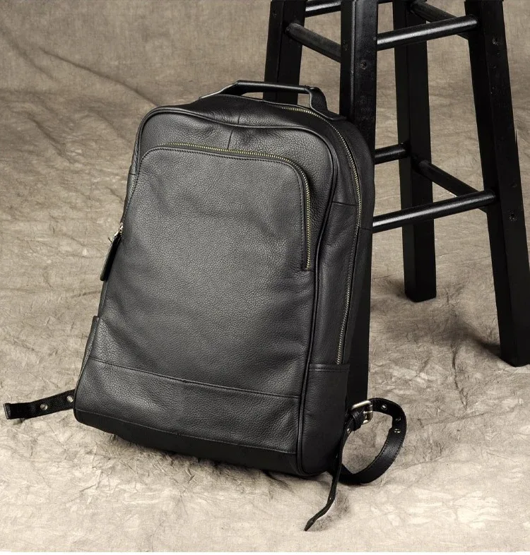 sac à dos en cuir véritable pour homme, accessoire de bonne qualité, à la mode, pour l'école, tous les jours, noir