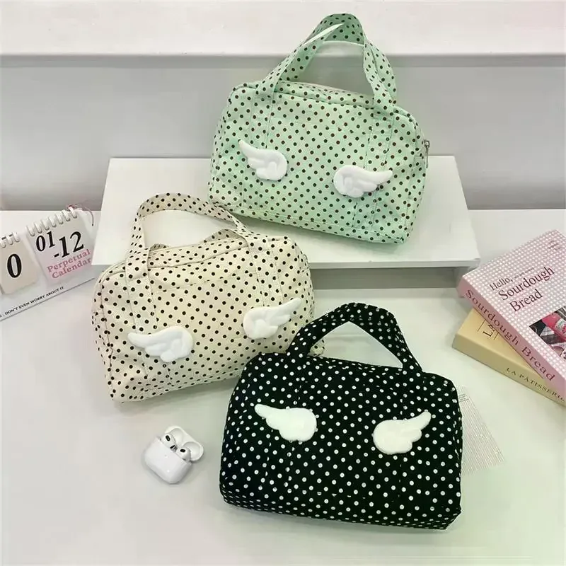 sac à main ailes à pois de grande capacité, sac à cosmétiques, trousse de toilette de voyage portable, sac de rangement d'organisation, cartable cadeau pour fille
