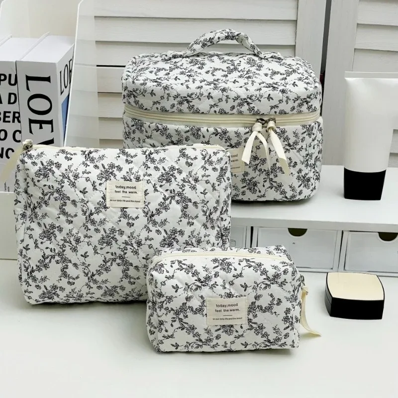 sac de maquillage en tissu de coton avec nœud mignon pour femmes, organisateur de cosmétiques à fermeture éclair, sac à main en forme de boîte, trousse de toilette portable pour filles