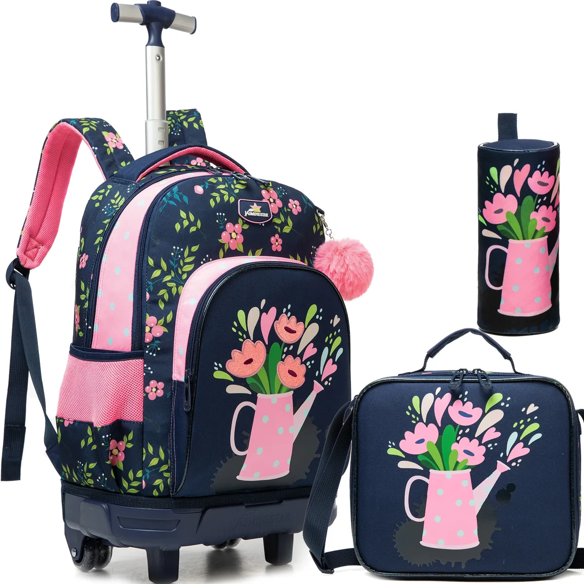 ensemble de 3 sacs à dos roulants élégants pour filles, parfaits pour les filles, avec bagages à roulettes, sac à déjeuner, trousse à crayons pour les voyages scolaires