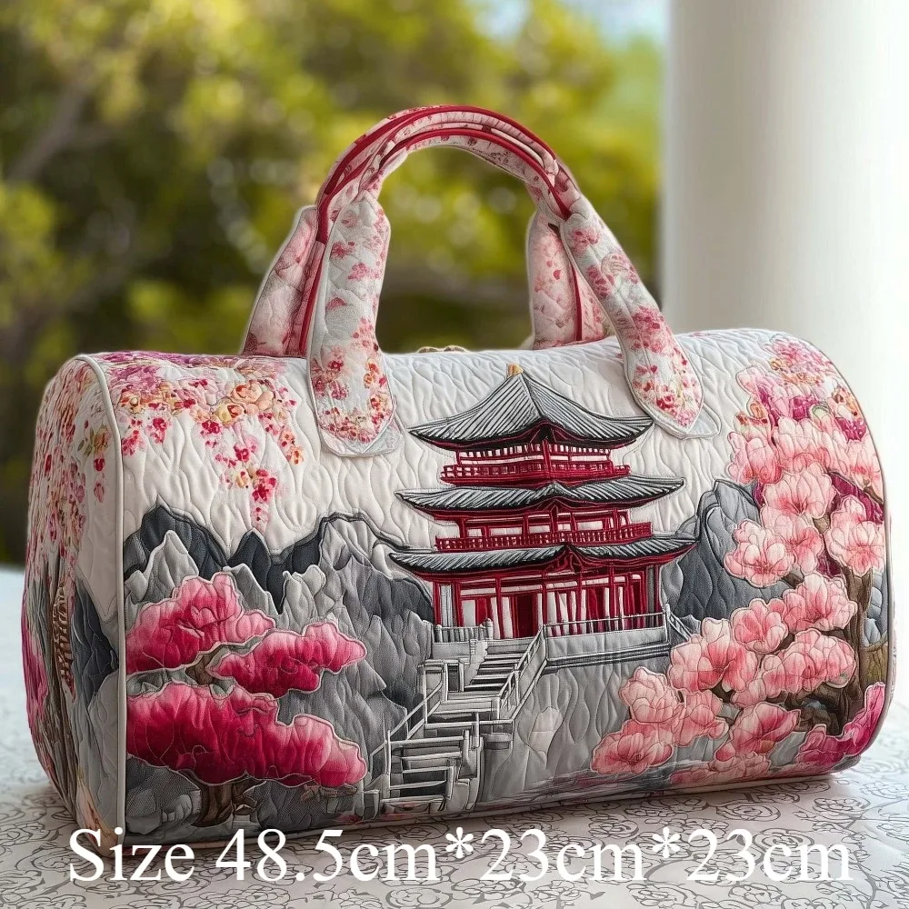 sac de voyage matelassé 3d de style japonais, imprimé pagode de cerisier, léger, sac de voyage vintage, cadeau oriental