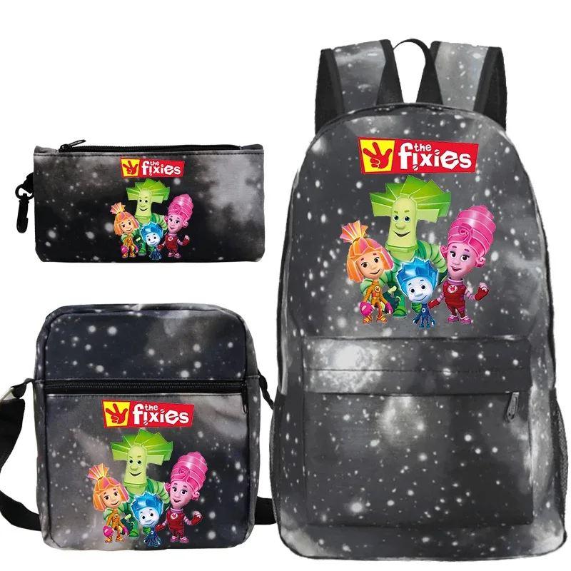 3 pièces nouveau ensemble de sac à dos imprimé the fixies avec sacs à bandoulière trousse à crayons cartable léger pour enfants sac à dos de voyage en plein air