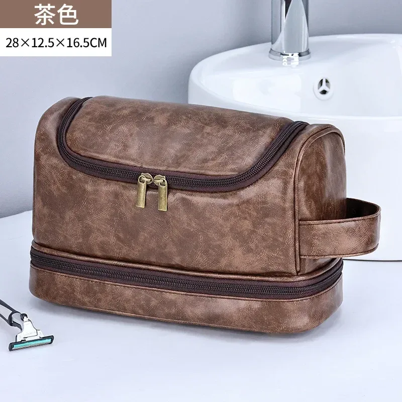sac de maquillage suspendu de grande capacité, sac de lavage en cuir pu, sac à cosmétiques double couche pour hommes, organisateur essentiel de voyage, nouvelle collection 2024