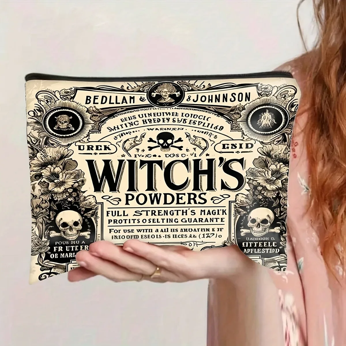 trousse de maquillage de sorcière vintage, 1 pièce, organisateur de sorcière gothique avec motifs floraux semblables à une potion, trousse à cosmétiques de voyage compacte pour femmes