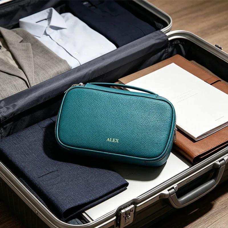 trousse de toilette de voyage en cuir de vachette grande capacité personnalisable avec nom, sac cosmétique zippé de luxe simple pour femme, trousse de maquillage tendance personnalisée pour dames
