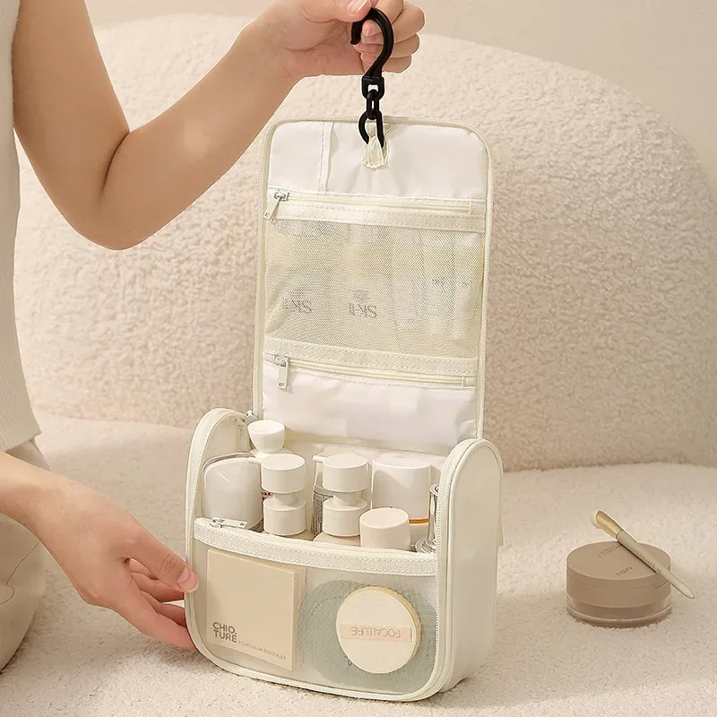 sac de toilette de voyage suspendu imperméable, organisateur de cosmétiques portable avec crochet, grande capacité, pochette de rangement pour maquillage et soins de la peau