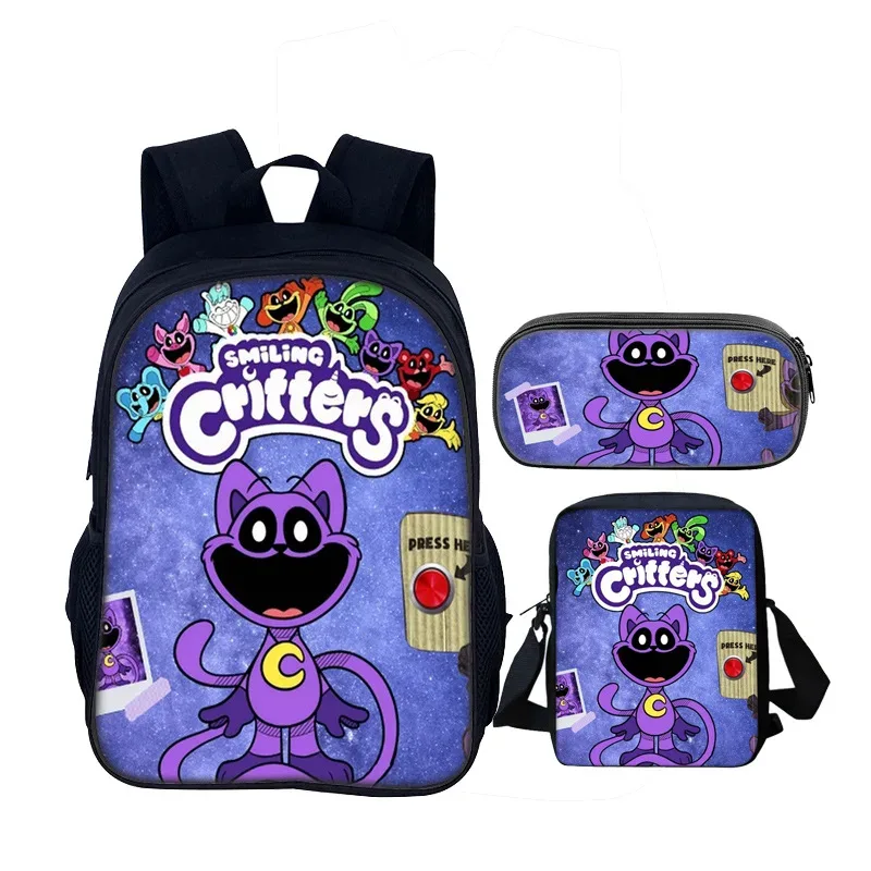 ensemble de 3 sacs d'école de créatures souriantes, sac à dos de 40cm/15.7 pouces, sac à bandoulière, trousse à crayons, sacs de livres d'ordinateur pour garçons et filles, meilleur cadeau