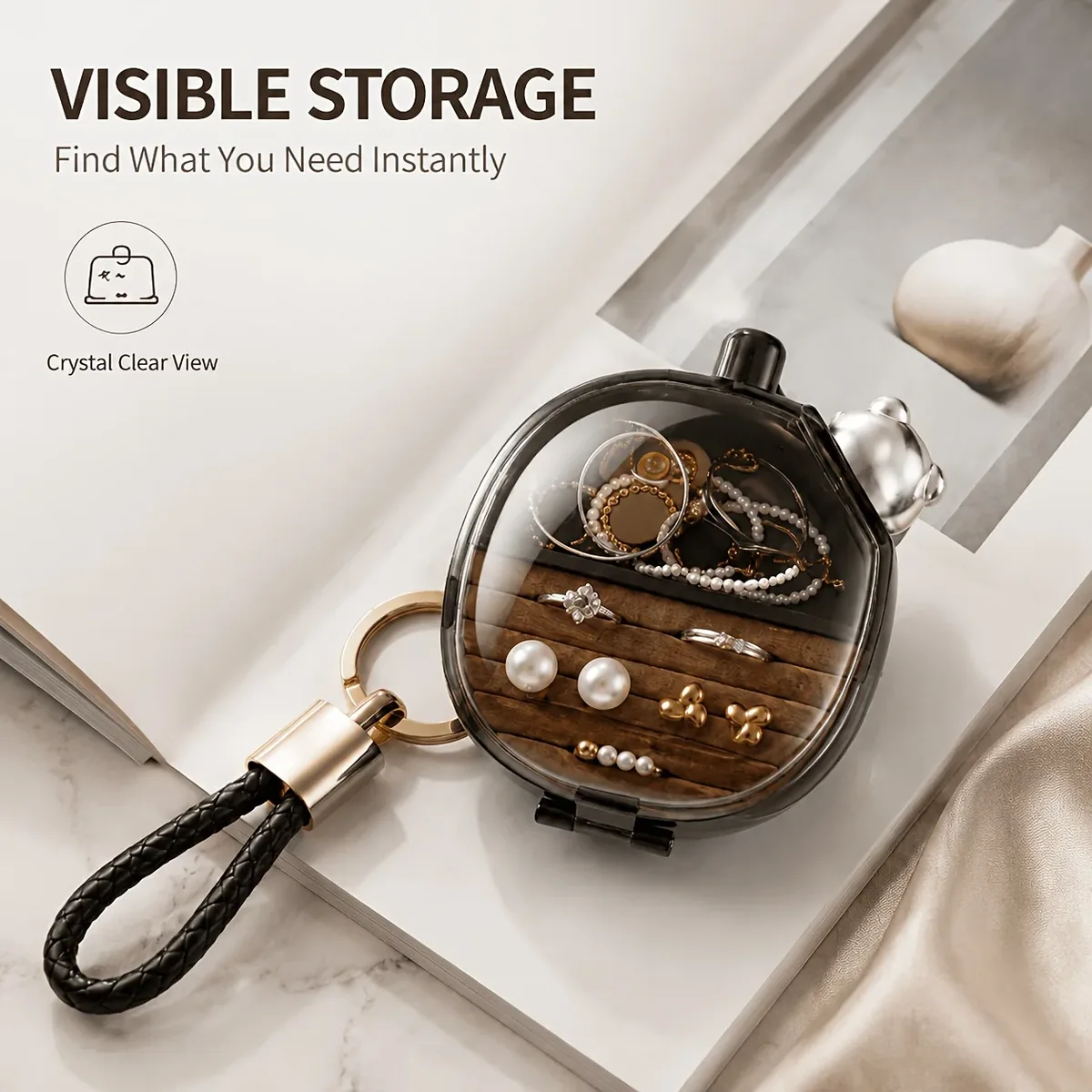 mini boîte à bijoux de voyage avec couvercle transparent, étui portable pour bagues avec fermoir sécurisé, organisateur porte-clés pour sac à main et sac de sport