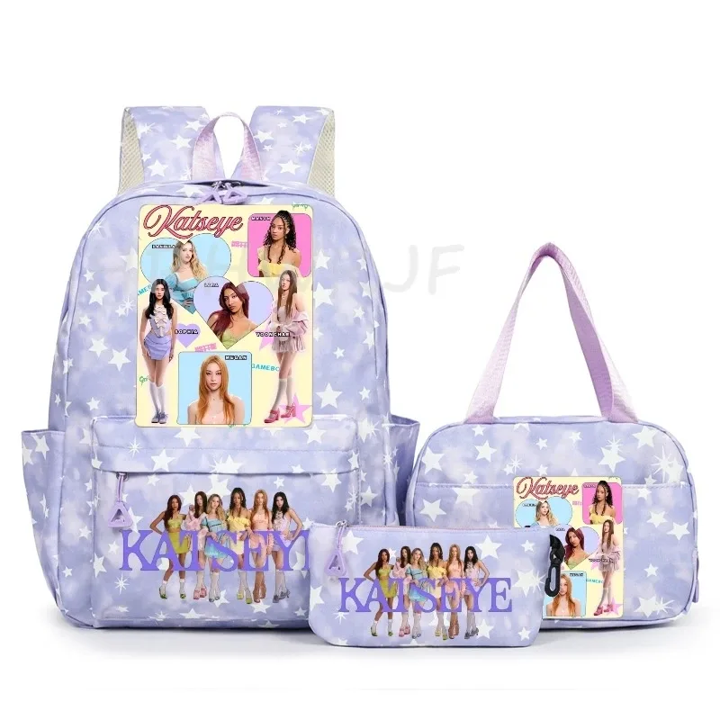 sac à dos katseye à thème musical, 3 pièces, imprimé étoiles roses, cartable amusant pour adolescents, étudiants, femmes, sac à dos pour ordinateur portable, sac de voyage mochila