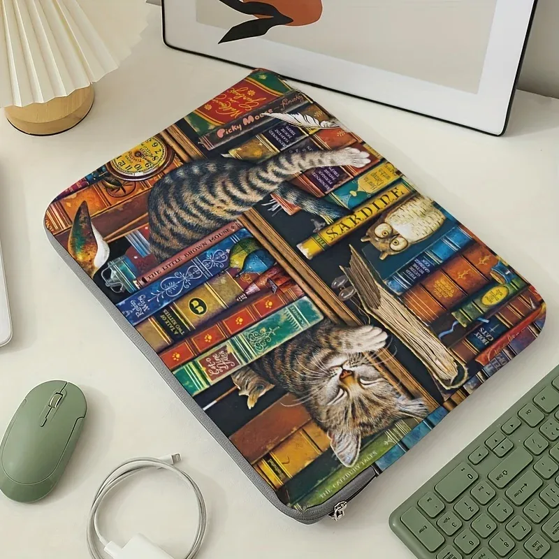 1, sac pour ordinateur portable à motif chat et bibliothèque, porte-documents, adapté aux ordinateurs portables de 15 pouces, sac pour ordinateur portable fixe (sans ordinateur portable)