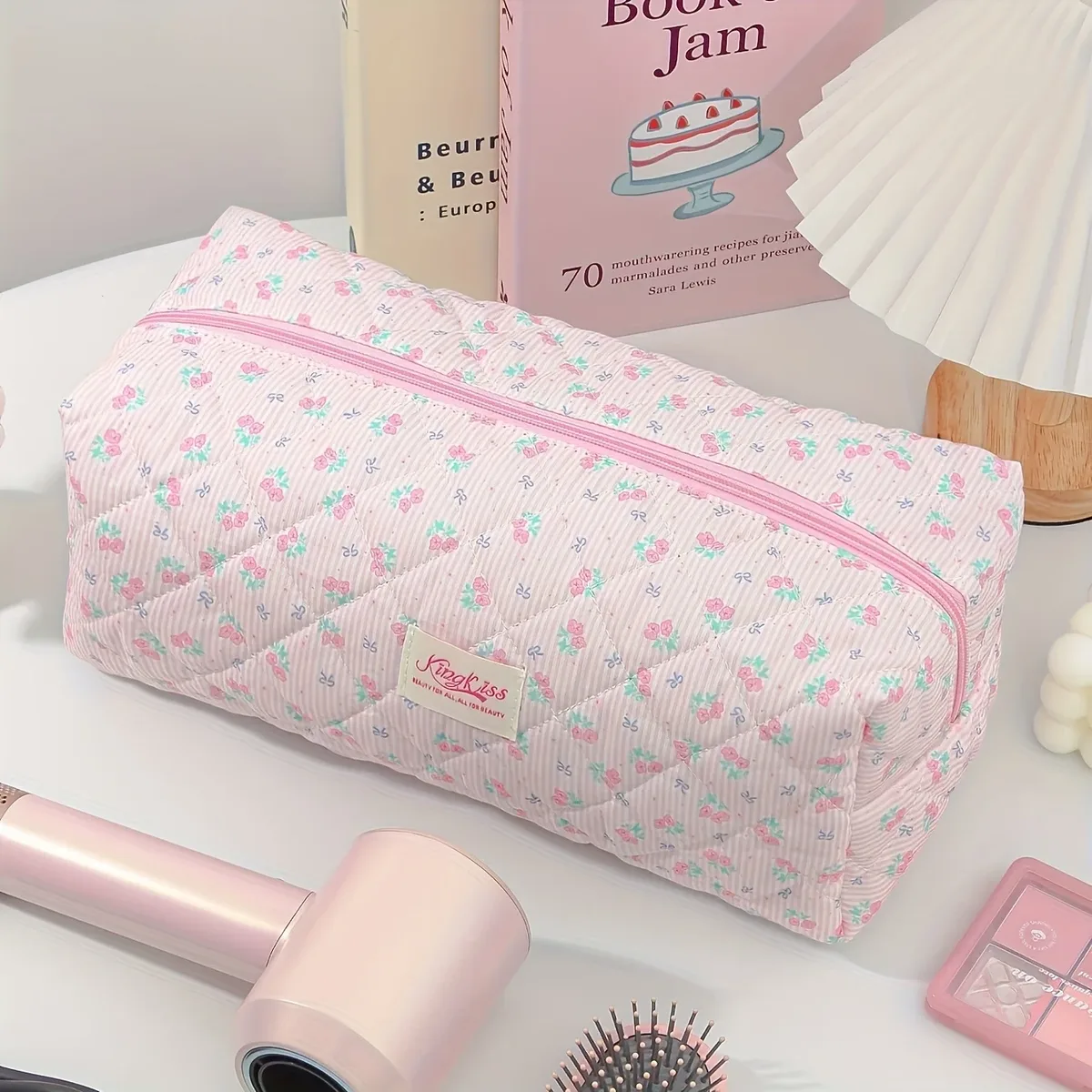 sac de rangement de beauté de voyage de grande capacité de style coréen, mignon, à motifs floraux, pour sèche-cheveux et fer à friser, avec rangement pour le maquillage