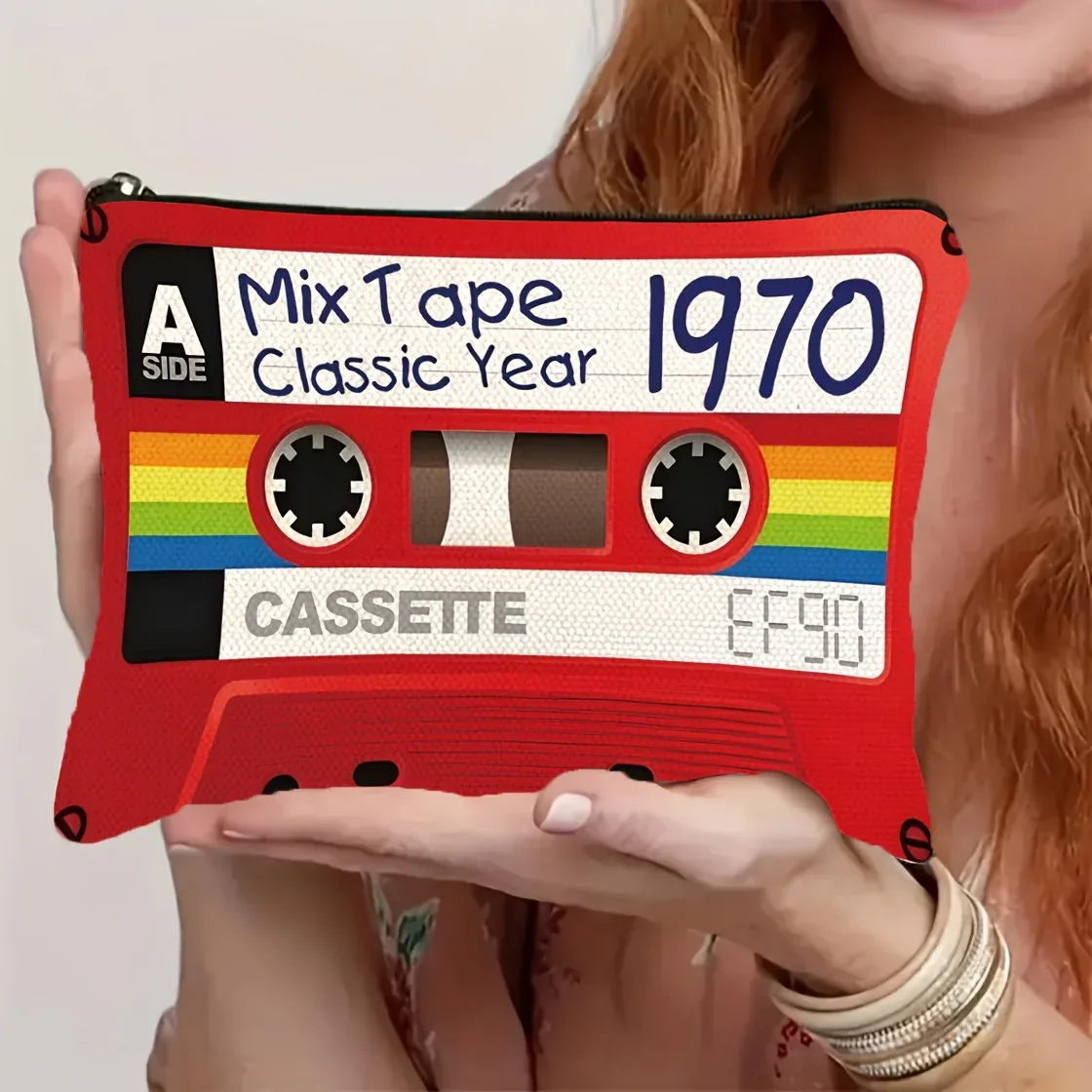 trousse de maquillage à cassette vintage – organisateur de voyage pliable avec fermeture éclair, pochette à cosmétiques pour les amateurs de musique