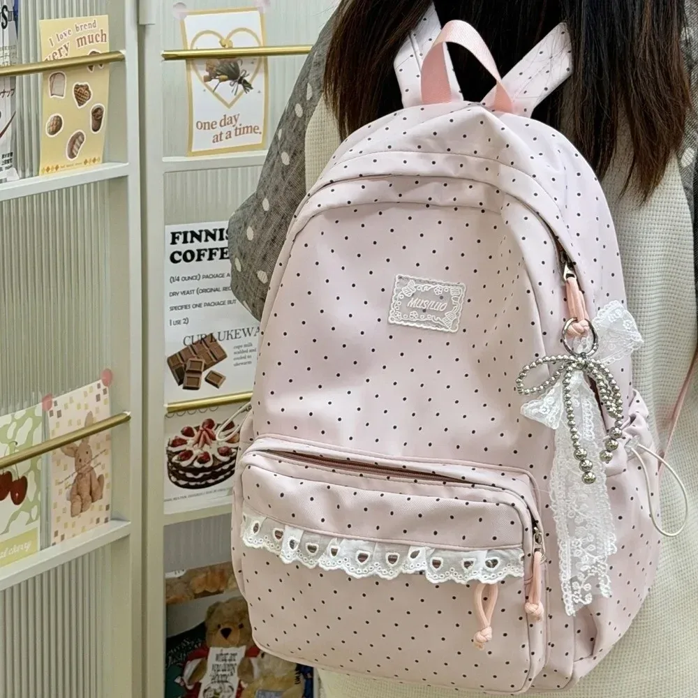 sac à dos de voyage mignon à pois, grande capacité, en nylon, pour étudiants, avec dentelle, multi-poches, sac à dos pour ordinateur portable
