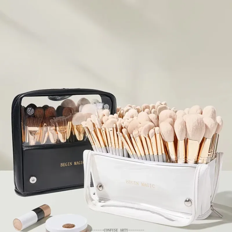organisateur de pinceaux de maquillage transparent pliable, sac de rangement de cosmétiques de grande capacité avec conception debout, étui à cosmétiques de voyage portable