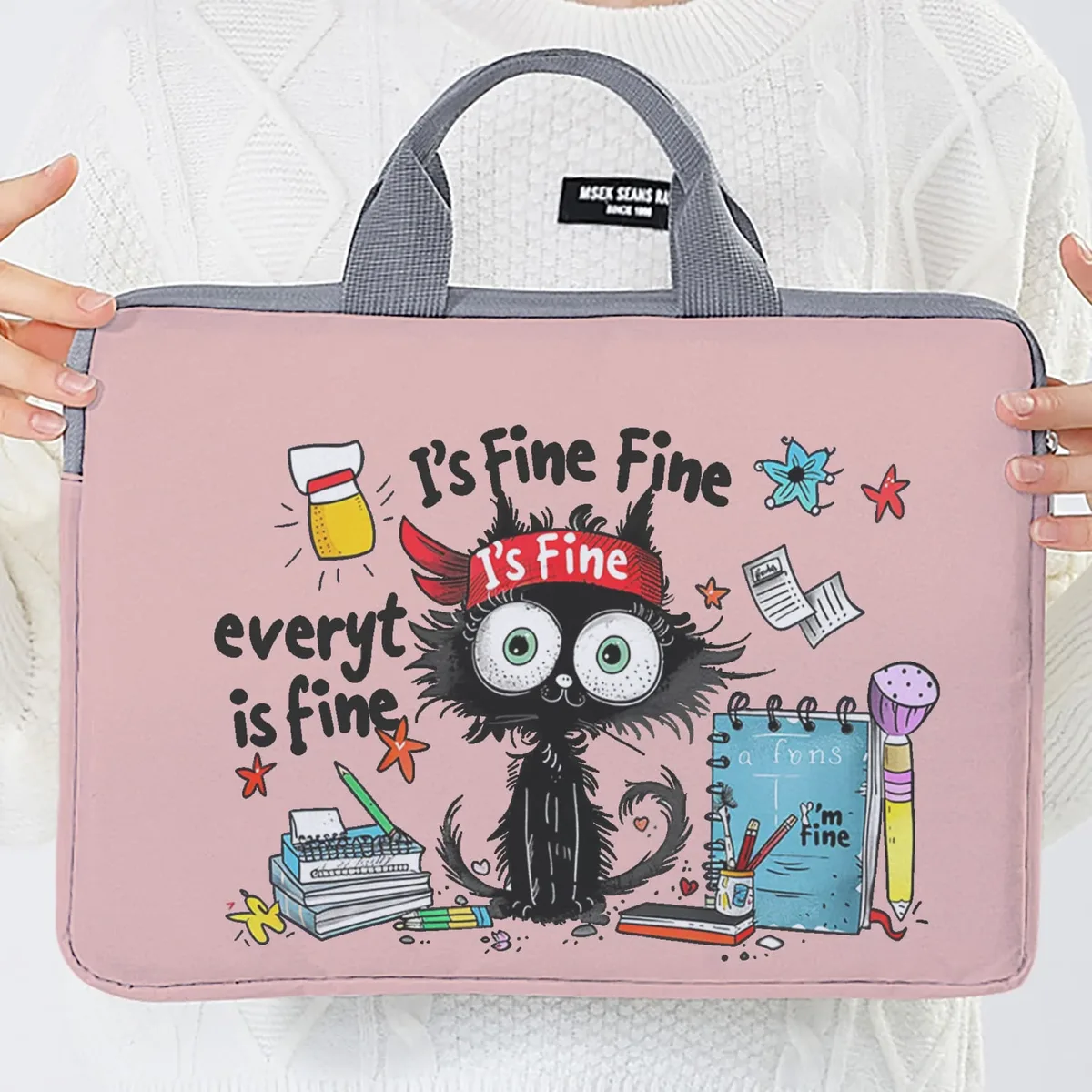ensemble unique, deux styles, sacoche pour ordinateur portable et porte-documents à motif de chat noir, adapté aux ordinateurs portables de 14 pouces.