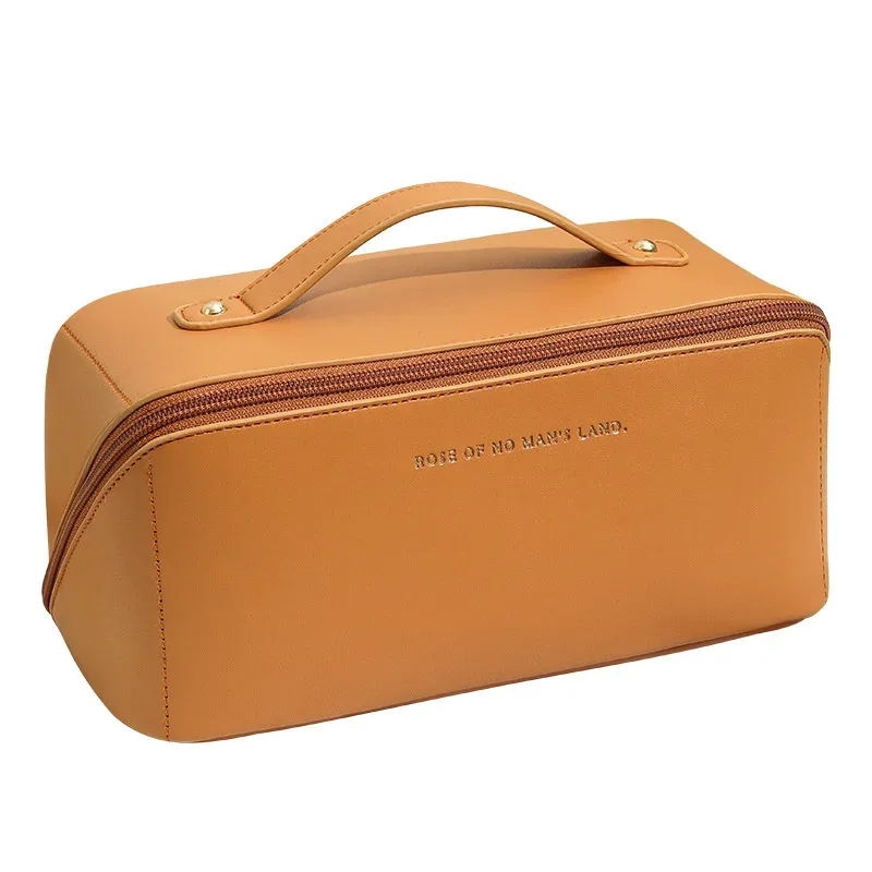 trousse de maquillage de voyage, sacs de rangement de cosmétiques de grande capacité pour femmes, trousses de toilette imperméables en cuir pu, maquillage plat à large ouverture