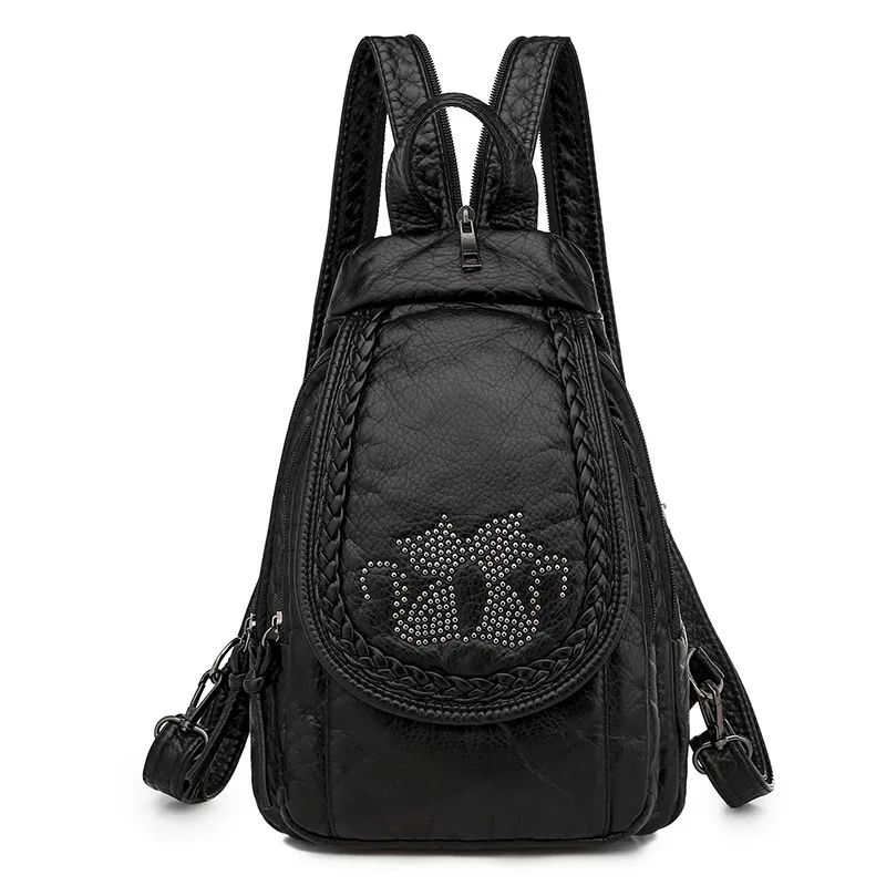 sacs à dos en cuir pu pour femmes, petit sac de voyage en cuir souple, sac à dos brodé pour dames