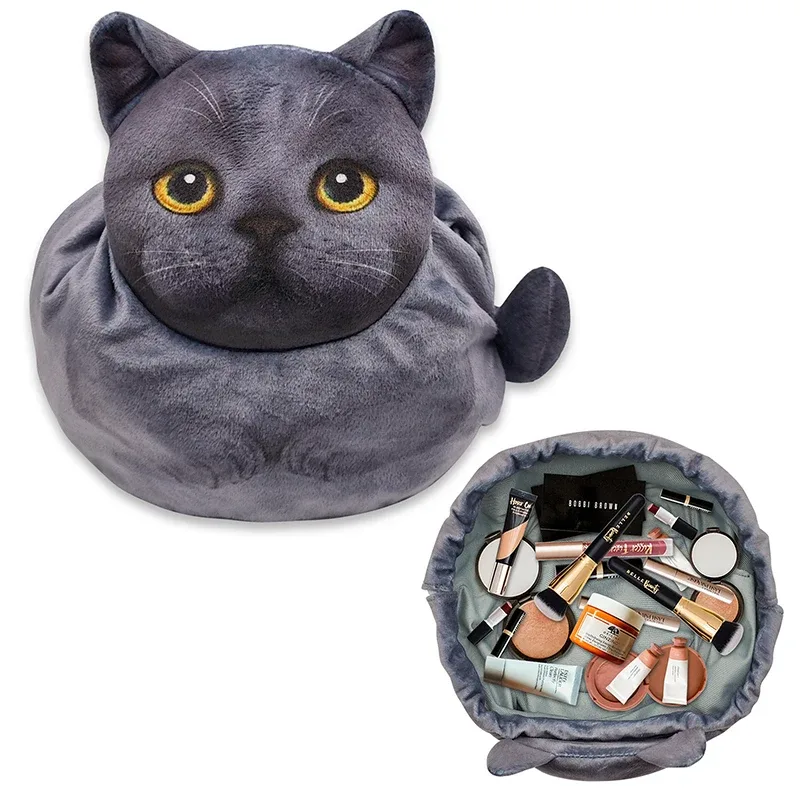 trousse de maquillage chat mignon, fermeture à cordon, conception tête de chat 3d, pochette cosmétique plate, cadeau pour femmes amoureux des chats, sac organisateur de voyage